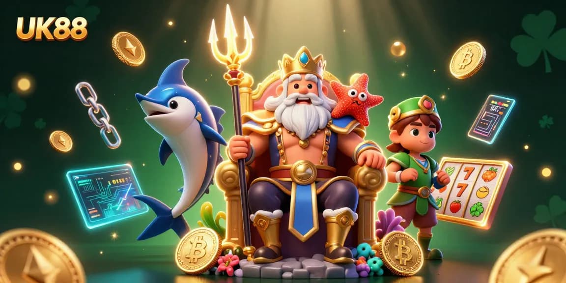 Play slots at UK88 with vibrant characters, sea king Neptune and samurai, and cryptocurrency elements.