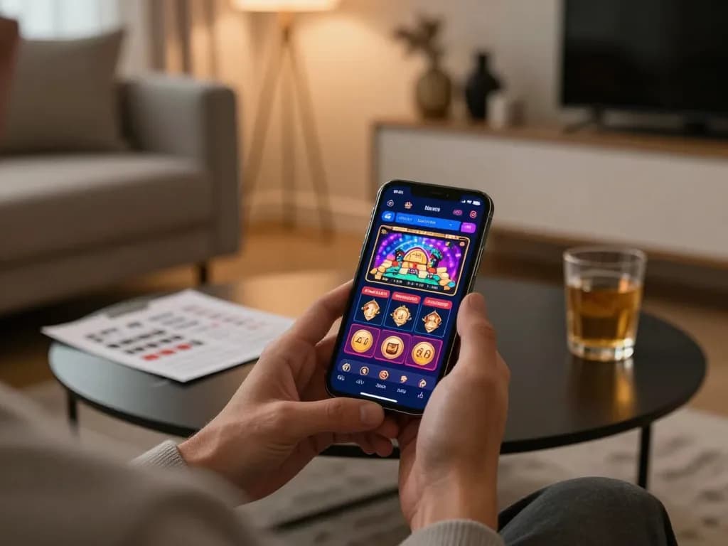 Engaged player exploring betting strategies on the FIVE88 casino app in a cozy living room