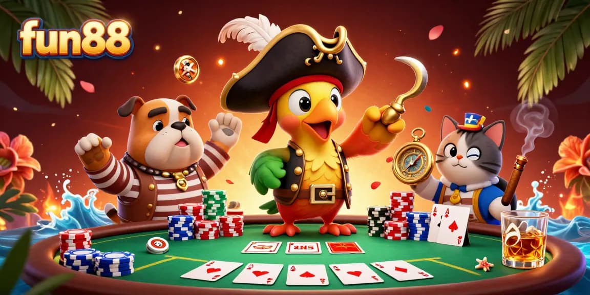 Experience thrilling poker action with fun88 characters featuring a pirate captain, bulldog, and cat.