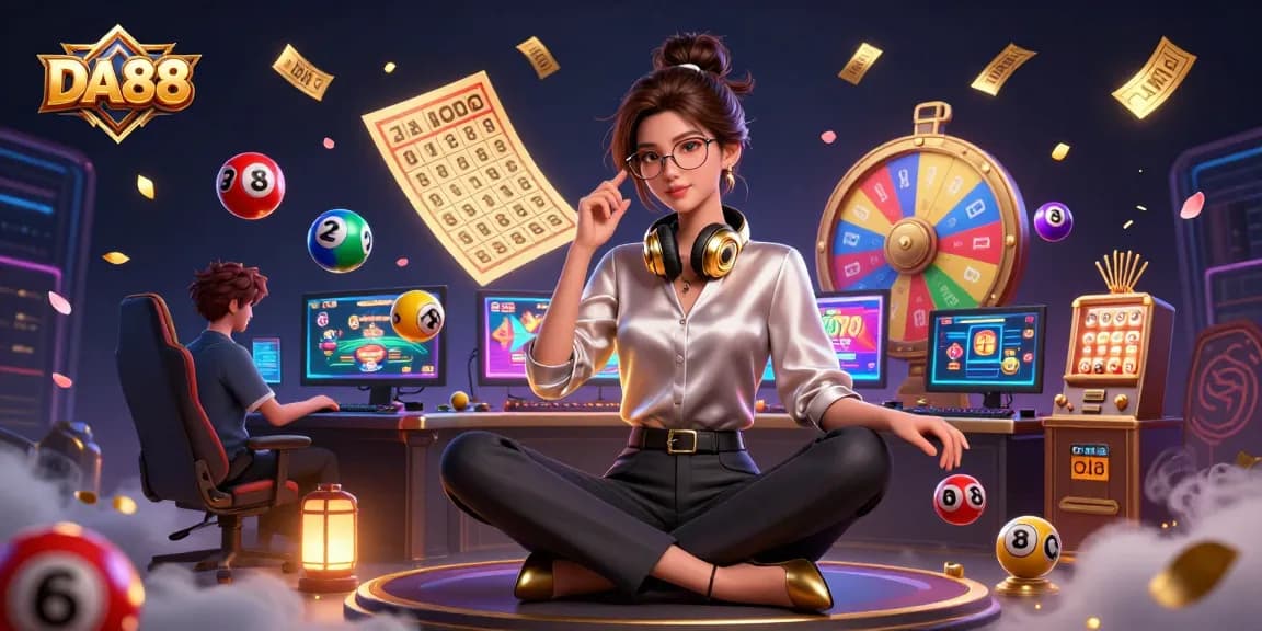Engage in thrilling gameplay with DA88, witnessing colorful lottery setups in a vibrant casino scene.