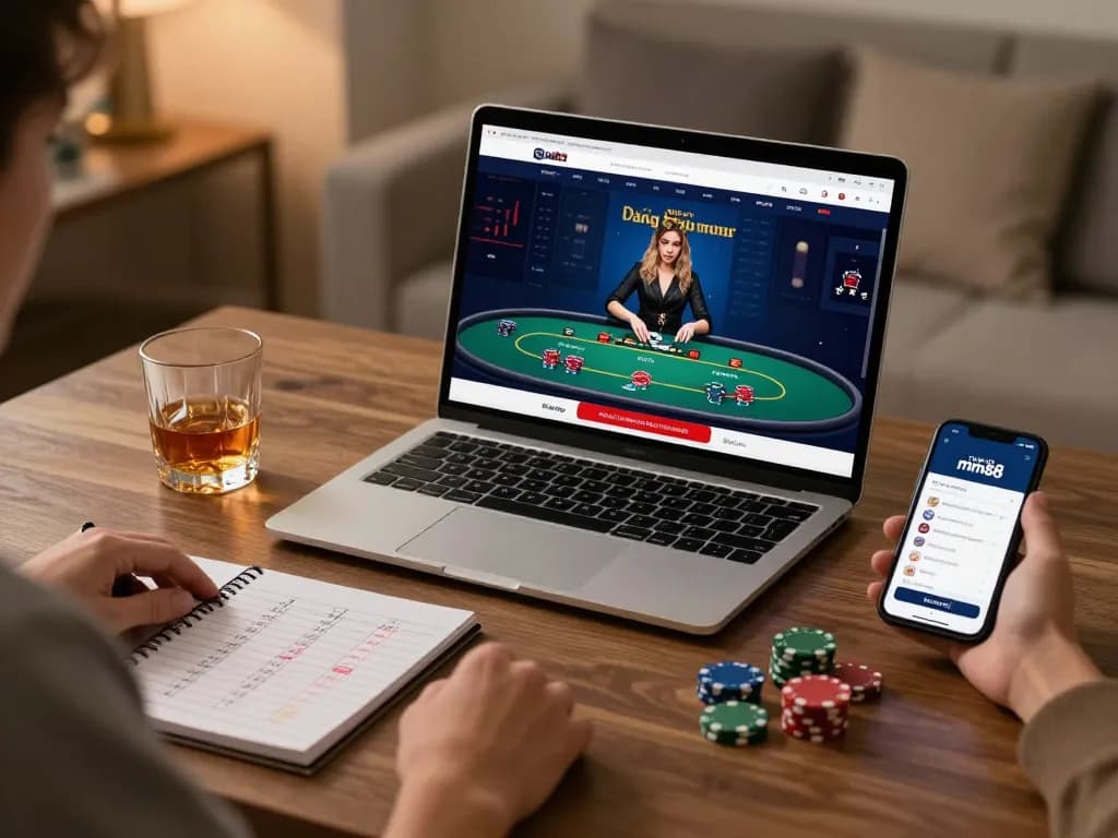 Player using đăng ký mm88 app on laptop for strategic online poker game.