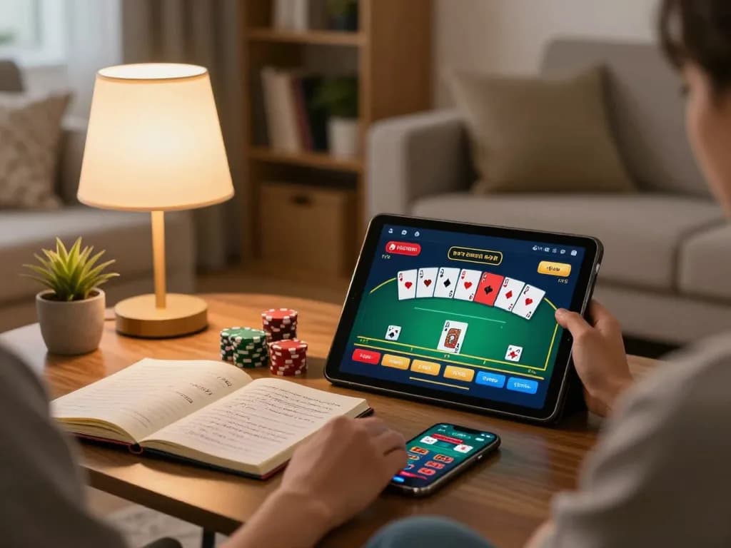 Person playing poker on Ko66 app in a cozy living room, showcasing strategic gambling atmosphere.