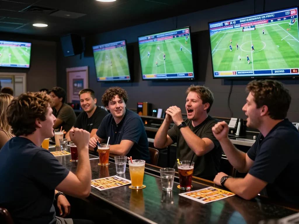 KQBD sports fans celebrating live football bets at a vibrant sports bar atmosphere