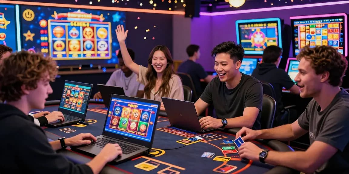 Players enjoying credit card casinos, vibrant online gaming atmosphere with diverse individuals at gaming tables.