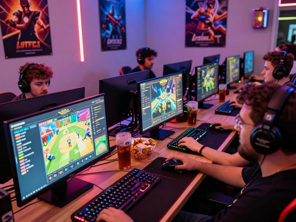 Bomwin gaming scene with players enjoying vibrant casino games and engaging features, capturing excitement and energy.