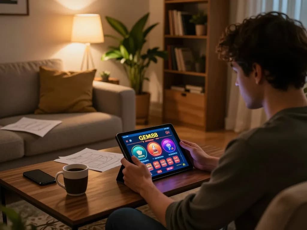 GEM88 user engaging in online casino gaming on tablet with cozy home settings.