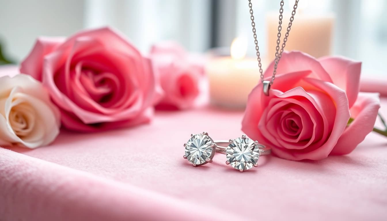 Explore Valentine’s Day diamond gifts UK with a close-up of an elegant ring and necklace.