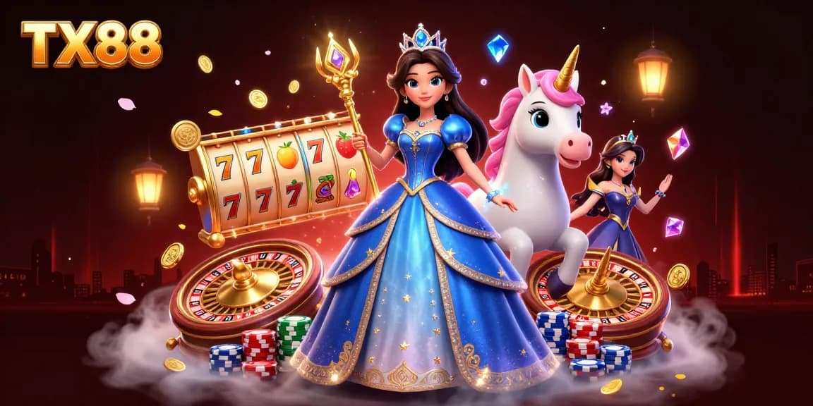 Experience the excitement of TX88 with vibrant slot machines and magical elements in this engaging casino scene.
