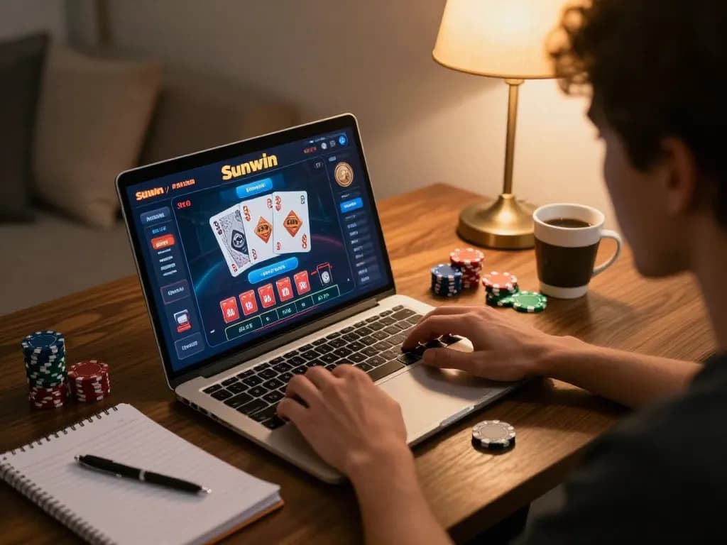 Engaging user exploring Sunwin's online casino features on a laptop at home, highlighting the thrill of strategic gameplay.
