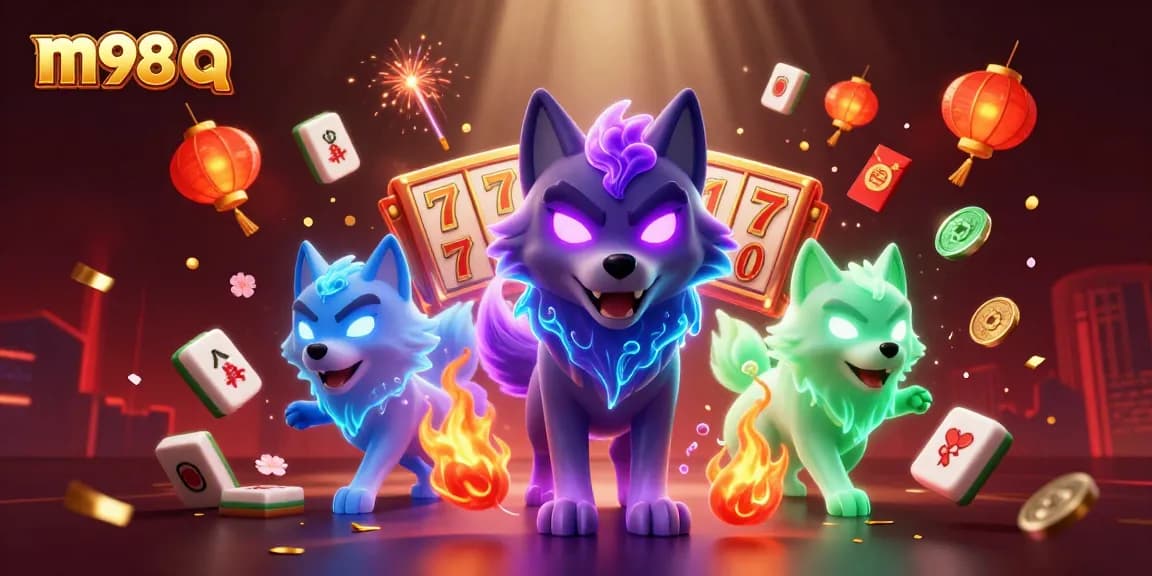 Experience the thrill of m98 q with a vibrant 3D casino scene featuring wolves, slots, and festive elements.