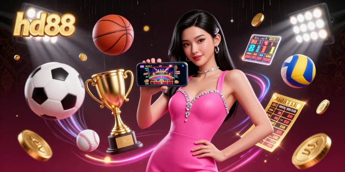 Experience thrilling live dealer games at hd88 with a stunning Asian woman and dynamic sports elements.