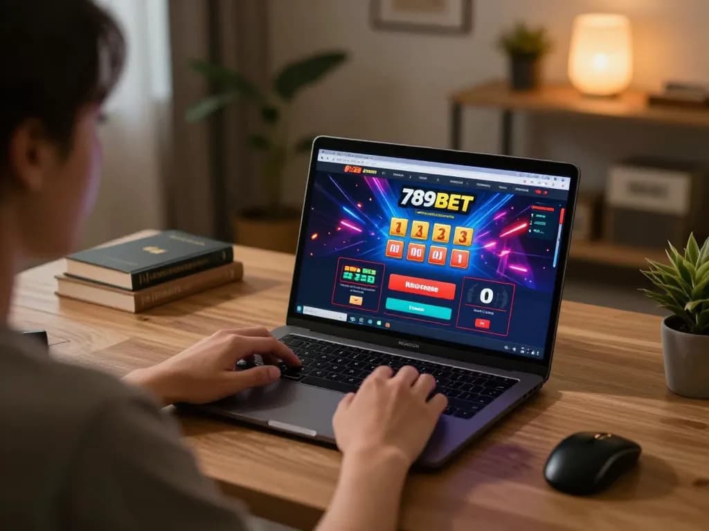 Player engaging with the 789BET online casino interface, demonstrating active online gaming strategy in a cozy atmosphere