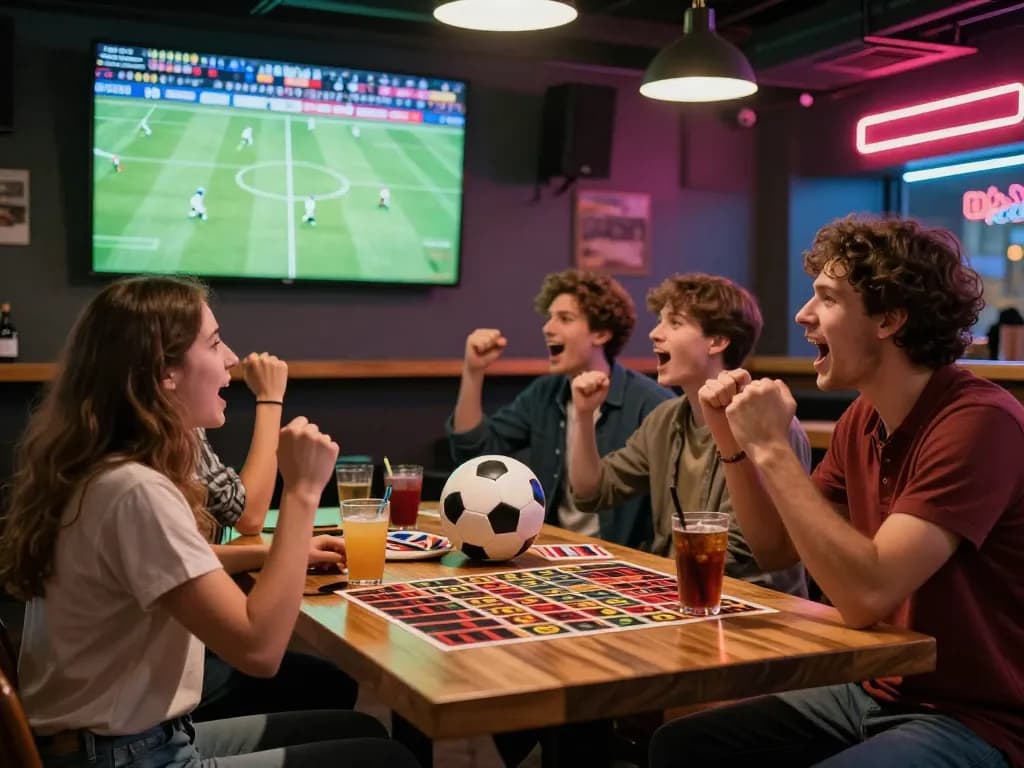 Socolive users celebrating a live football match in a vibrant sports bar atmosphere.