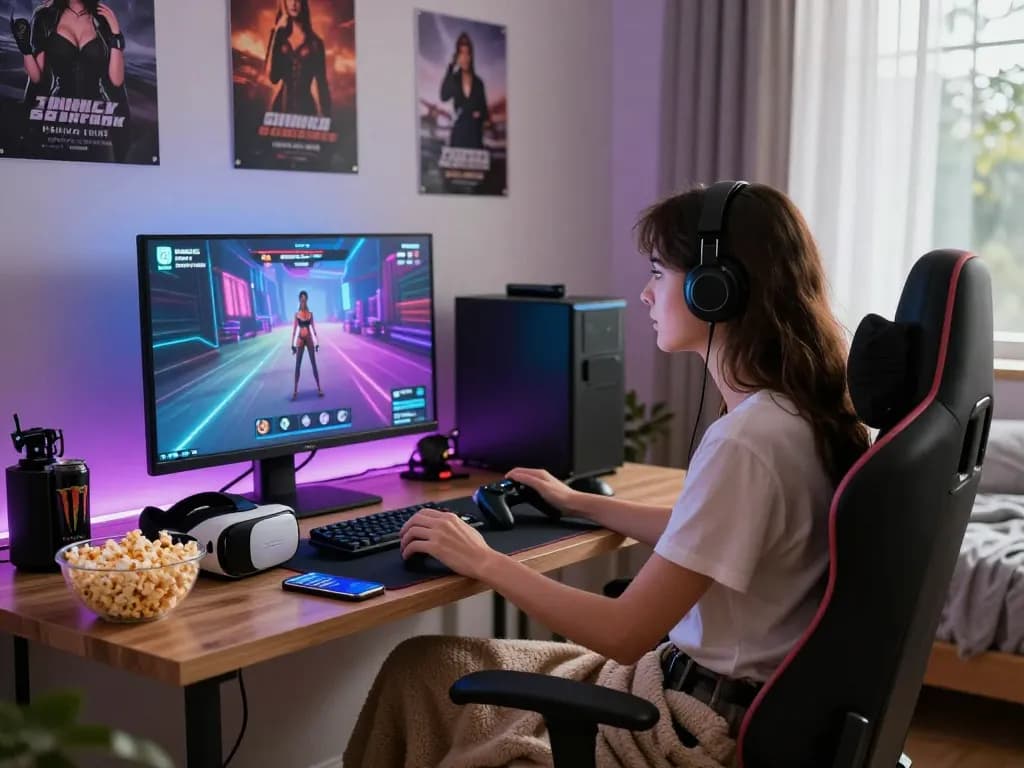 Woman enjoying sex games on a modern gaming setup in a cozy bedroom.
