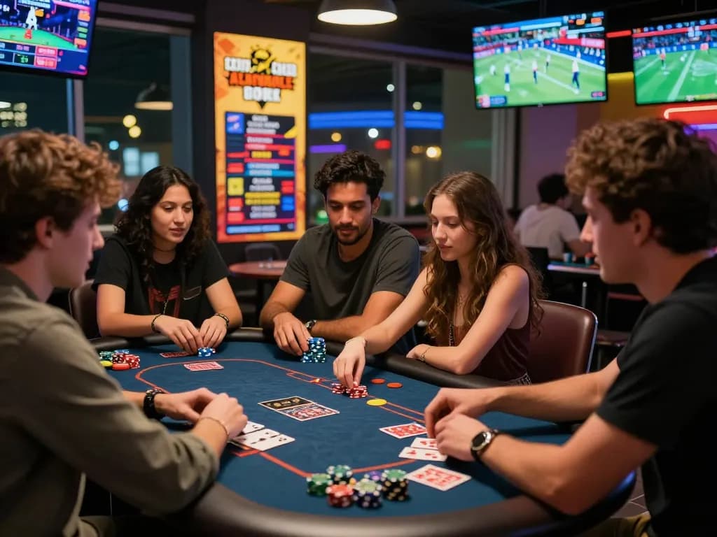Friends enjoying sports betting at a vibrant gaming lounge with rikbet screens displaying live events.
