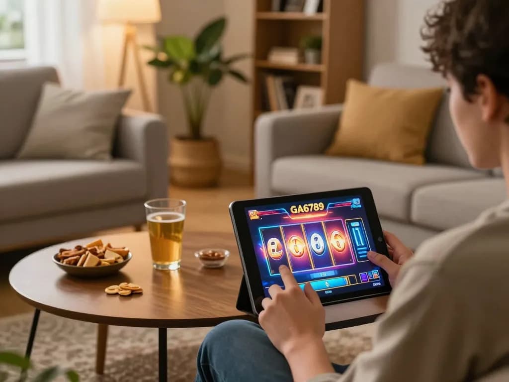 Player enjoying GA6789 slot games on a tablet in a cozy home setting