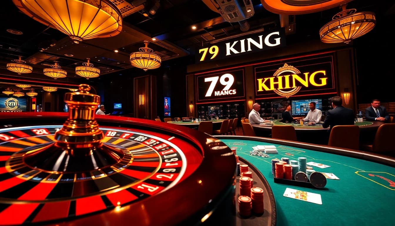 Engaging scene of players betting at the 79KING casino's stylish tables with vibrant colors.