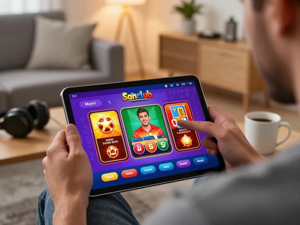 Engaging gameplay on the Sanclub app showing poker options in a cozy home setting