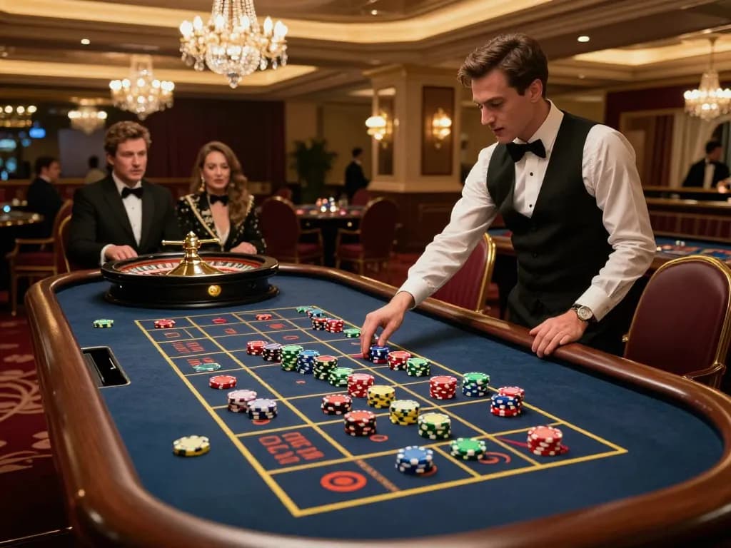 Experience the excitement at ONE88's luxurious roulette table with vibrant chips and players engaged.