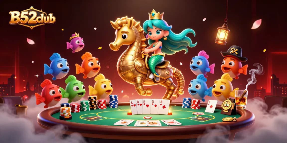 B52club engages players with a vibrant scene of a mermaid and gambling elements, showcasing poker and excitement.