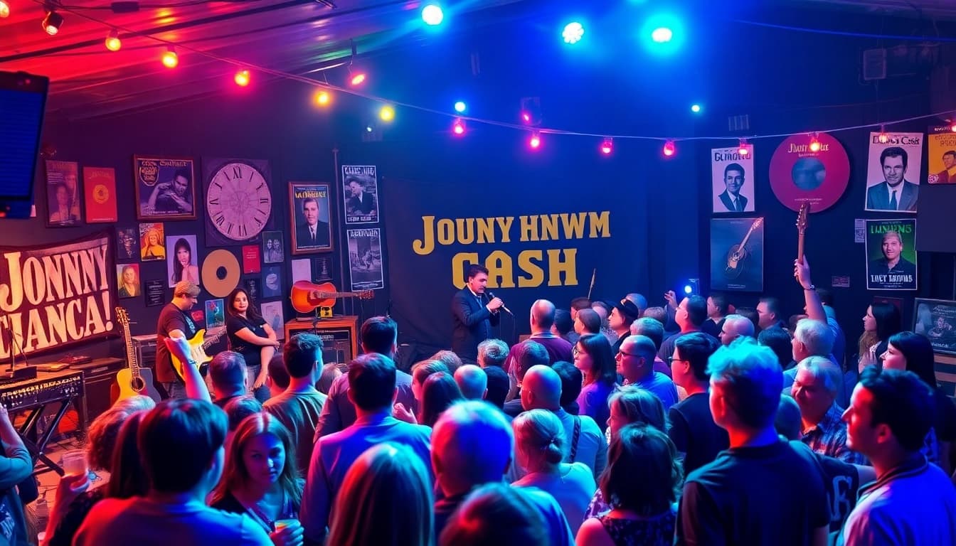 JohnnyCashBirthday.com celebration event with a lively audience enjoying a tribute to Johnny Cash.