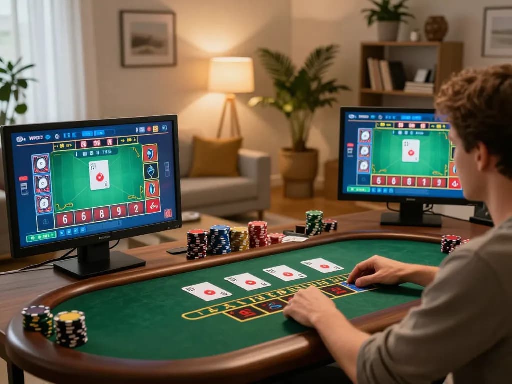 Twin68 player enjoying immersive live dealer blackjack at home with cozy ambiance and multiple screens.