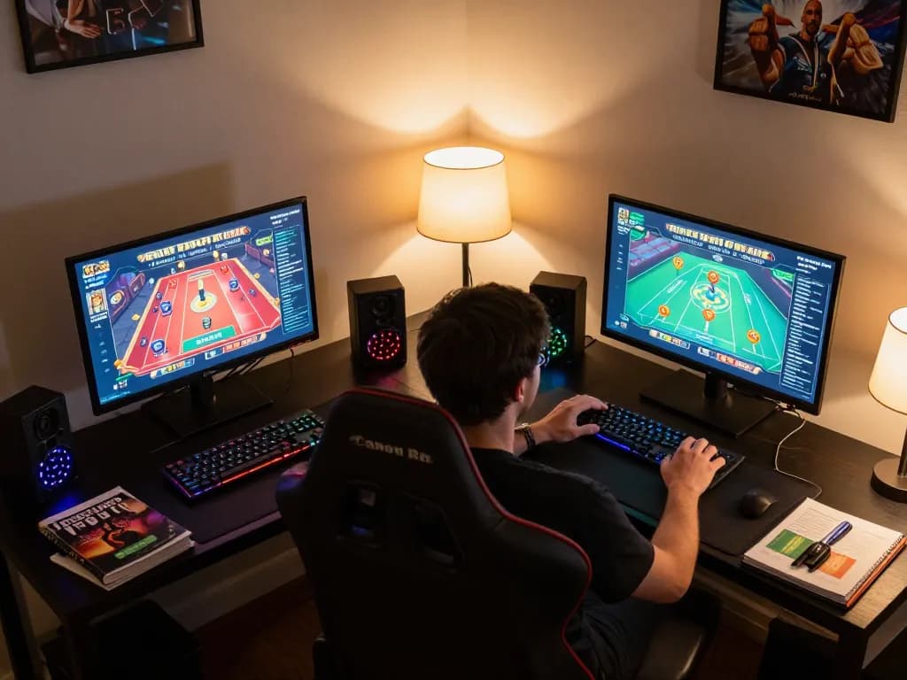Engaging gameplay at mk8 with multiple screens showing casino games within a cozy home office