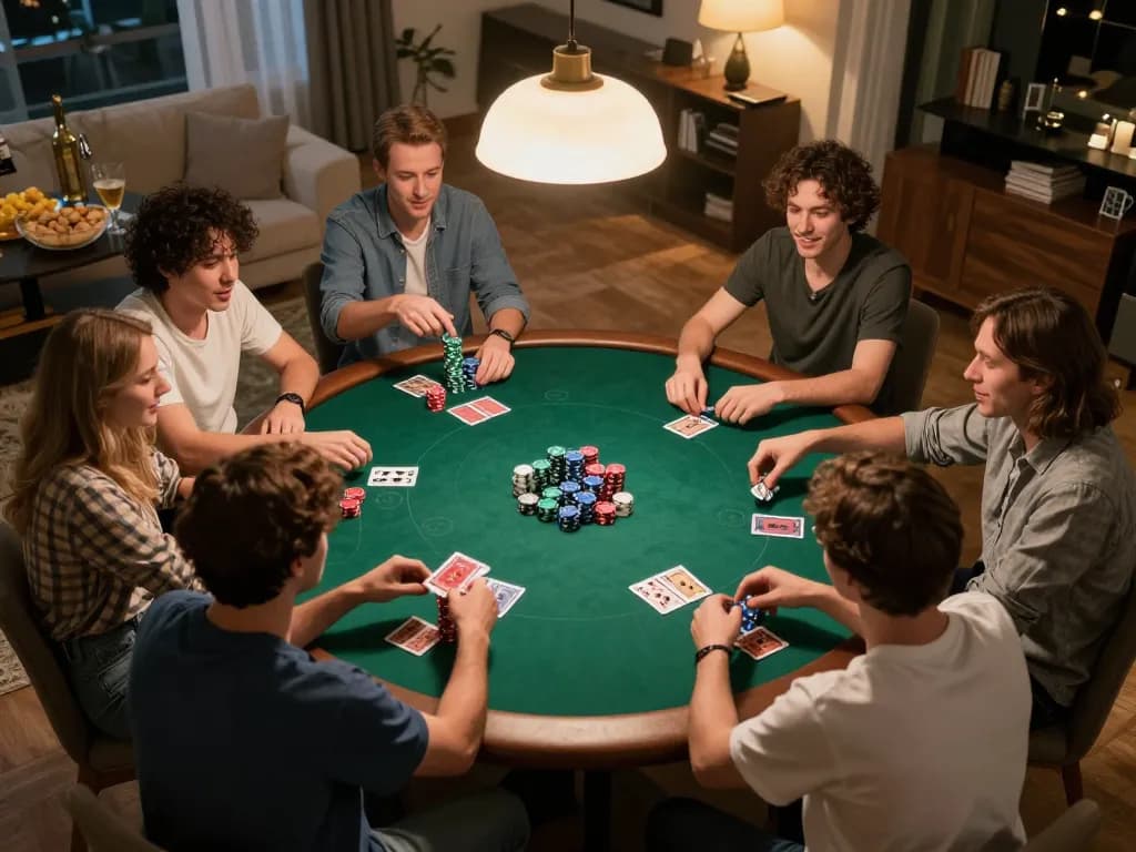 Friends playing poker at home, emphasizing engagement with nhà cái HM88 for thrilling gameplay.