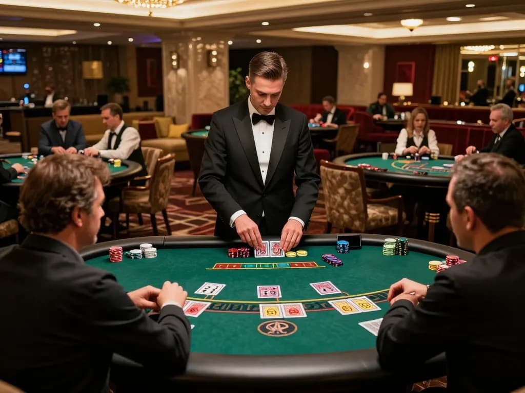 Dacsandatphanrang features players making strategic bets at elegant blackjack tables in a luxury casino setting