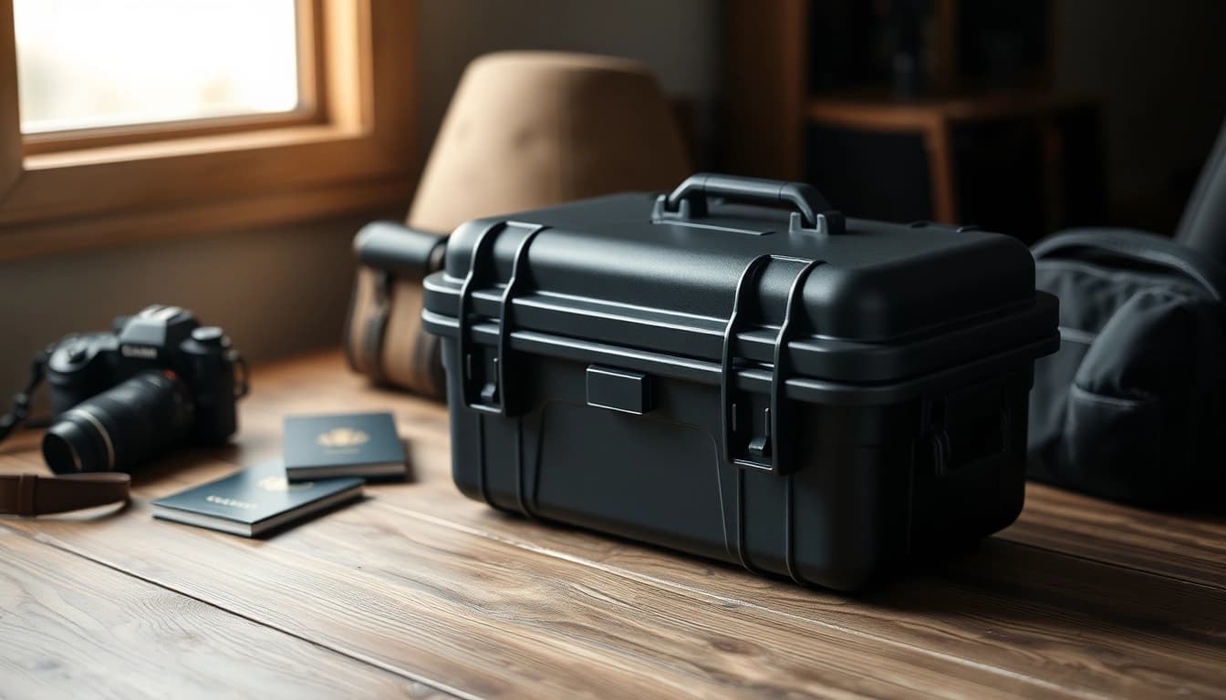 Hard case showcased among travel essentials on a dark wooden table.