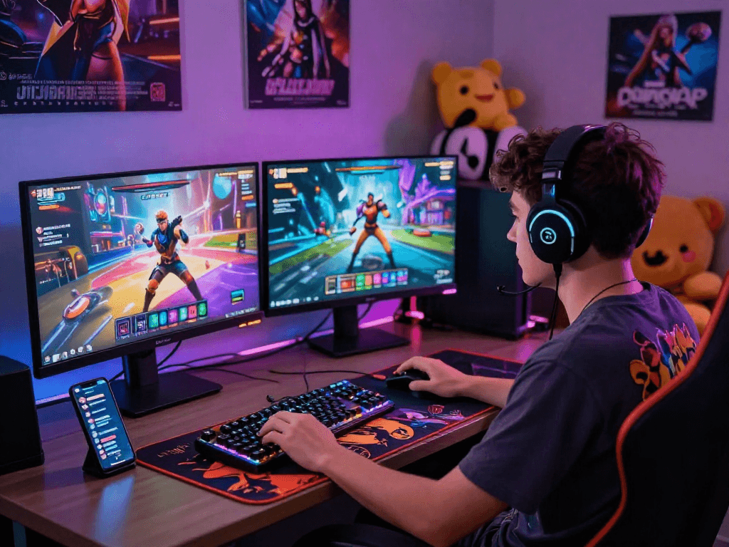 Gamer enjoying immersive porngames experience in a dynamic gaming setup with vibrant RGB lighting and interactive screens.