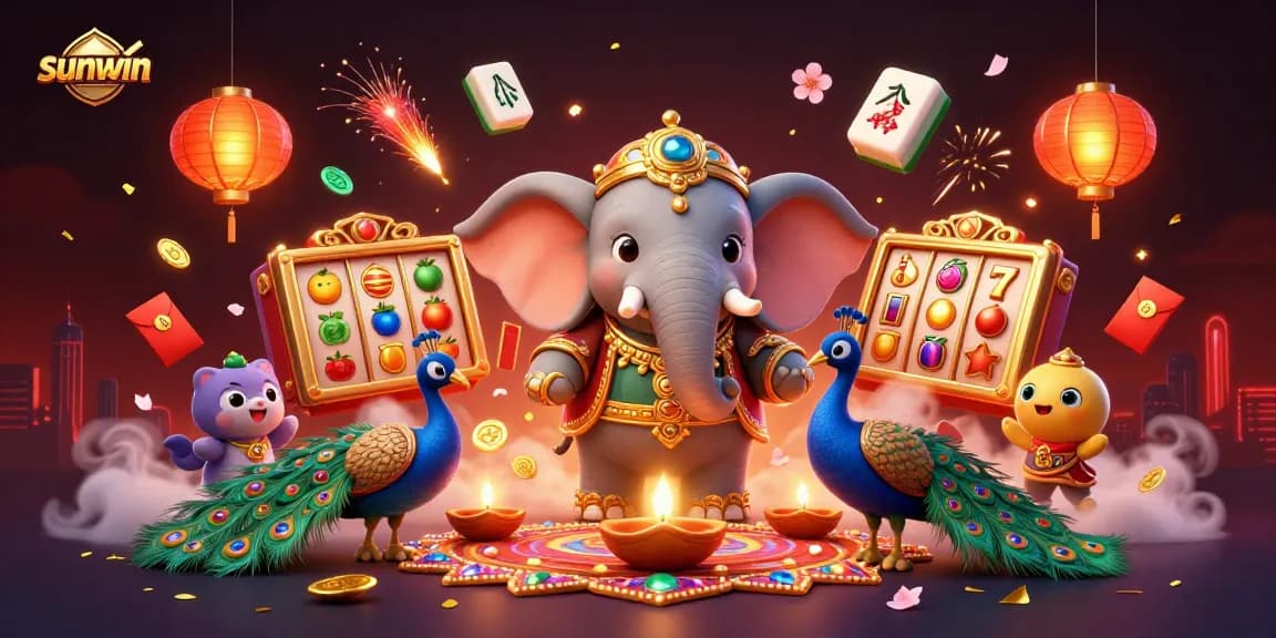 Engage in thrilling slots at sunwin with vibrant, animated casino elements featuring a festive scene.