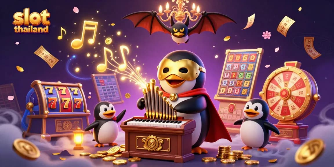 Engage with slot thailand game dynamics through a vibrant 3D scene filled with colorful slot reels and winning elements.
