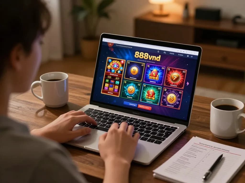 An engaging player exploring online games at 888vnd, showcasing the vibrant casino interface on the laptop.