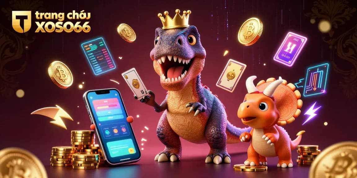 Experience the excitement at trang chủ XOSO66 with a vibrant 3D casino scene featuring playful dinosaur characters.