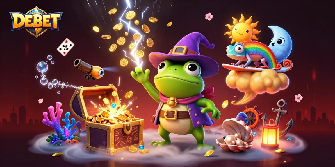 Surf with DEBET’s vibrant characters in a dazzling casino-themed illustration showcasing gold coins and magical elements.