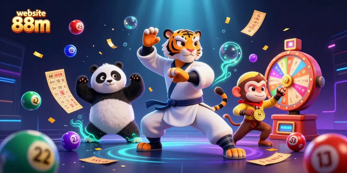 Engage with the excitement of the website 88m in this vibrant casino scene featuring colorful lottery elements and energetic characters.