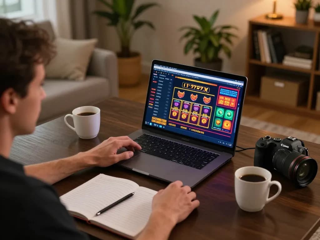 Player enjoying games at the 777x online casino, laptop showing vibrant interface and strategy notes.