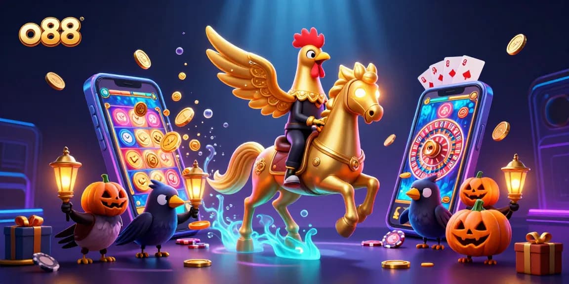 Engage with thrilling o88 slots as a golden rooster gallantly rides a spectral horse in a vibrant casino.