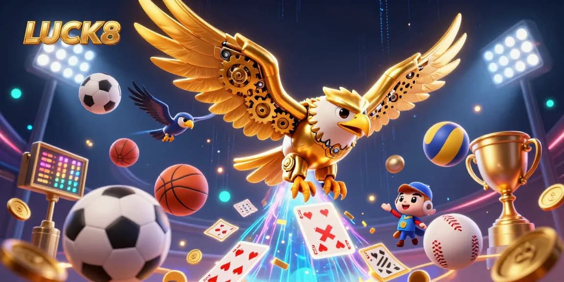 LUCK8 soaring through holographic cards, surrounded by sports elements and gold coins.