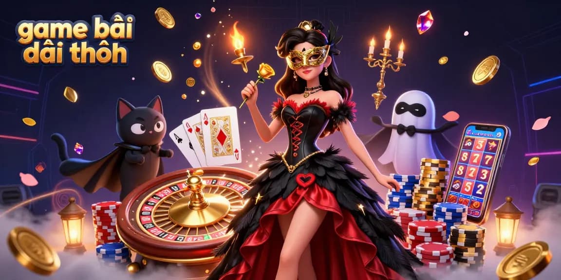 Engage in game bài đổi thưởng with rich visuals including coins, cards, and a glamorous atmosphere.