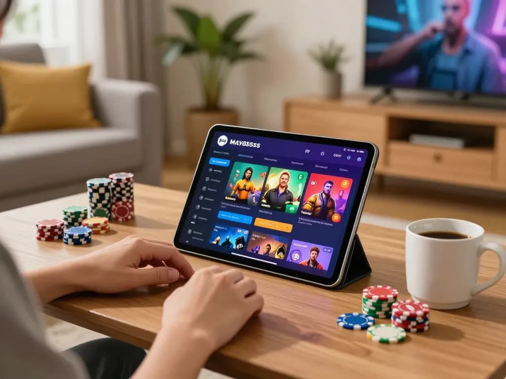 Engaged user exploring may88sss platform on tablet in a cozy home setting while enjoying online gaming.