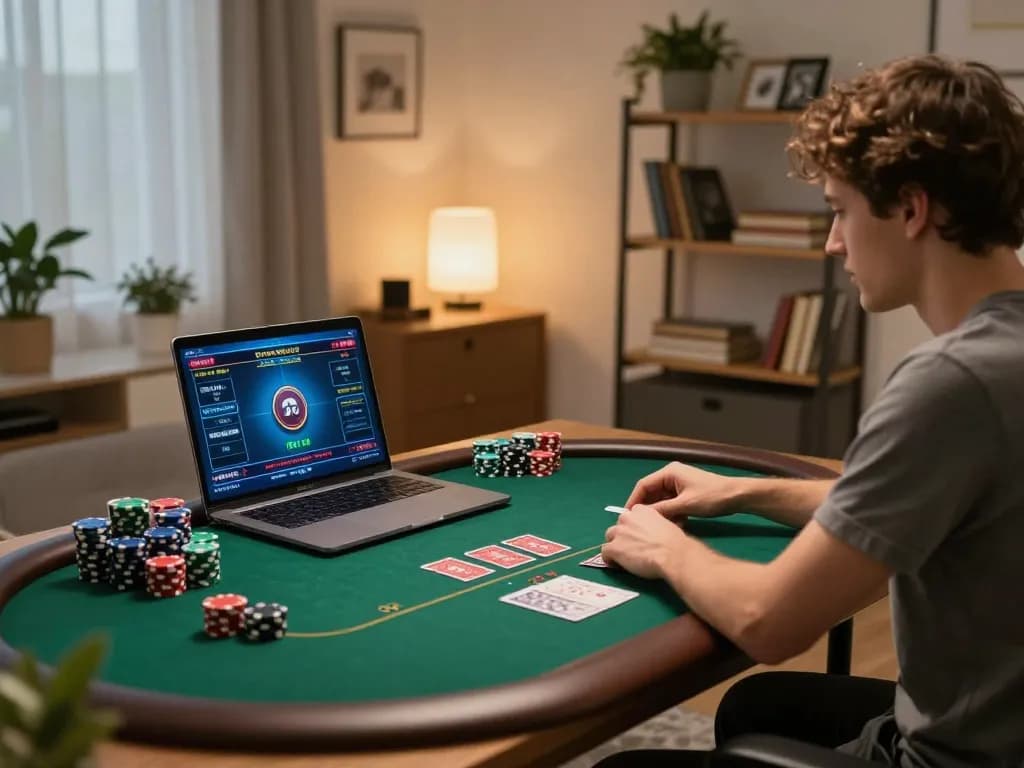Player enjoying online poker on the F168 platform in a stylish home setting, emphasizing responsible gaming.