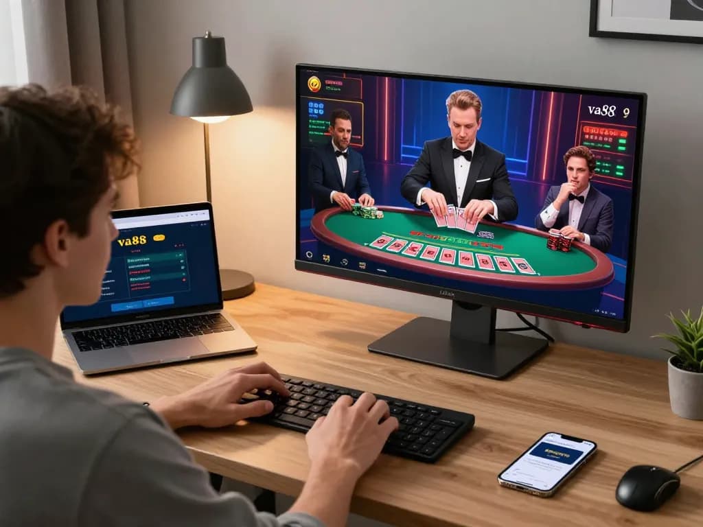 Person engaging with va88 online blackjack, focusing on game strategy in a modern home office.