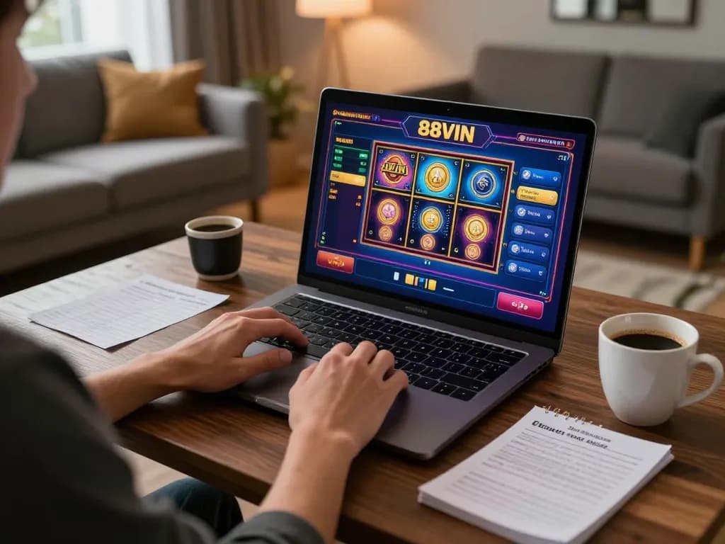 Player enjoying 88VIN online casino games on a laptop with a cozy home setup