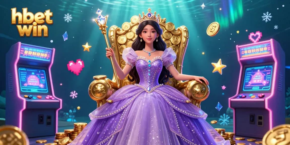 Engage in excitement with hbet win, featuring a regal princess amidst vibrant gaming elements and casino gold.