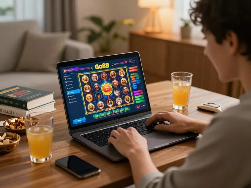 Engaged player enjoying Go88 online casino gaming session on laptop with colorful slot visuals.