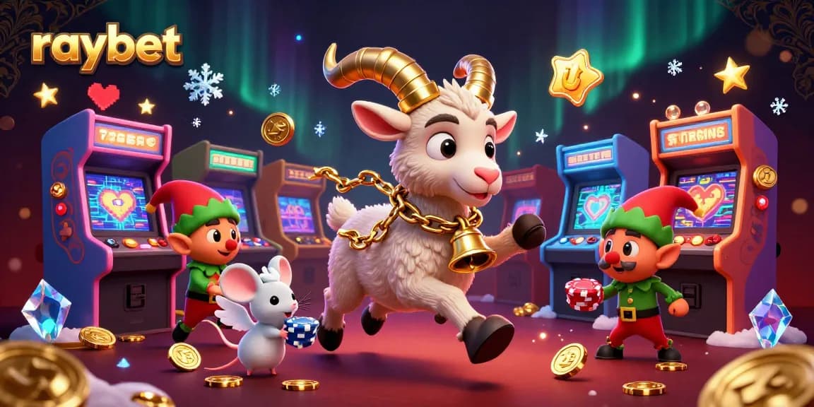 Raybet features a whimsical casino scene with Krampus, an angel mouse, and mischievous elves stealing chips.