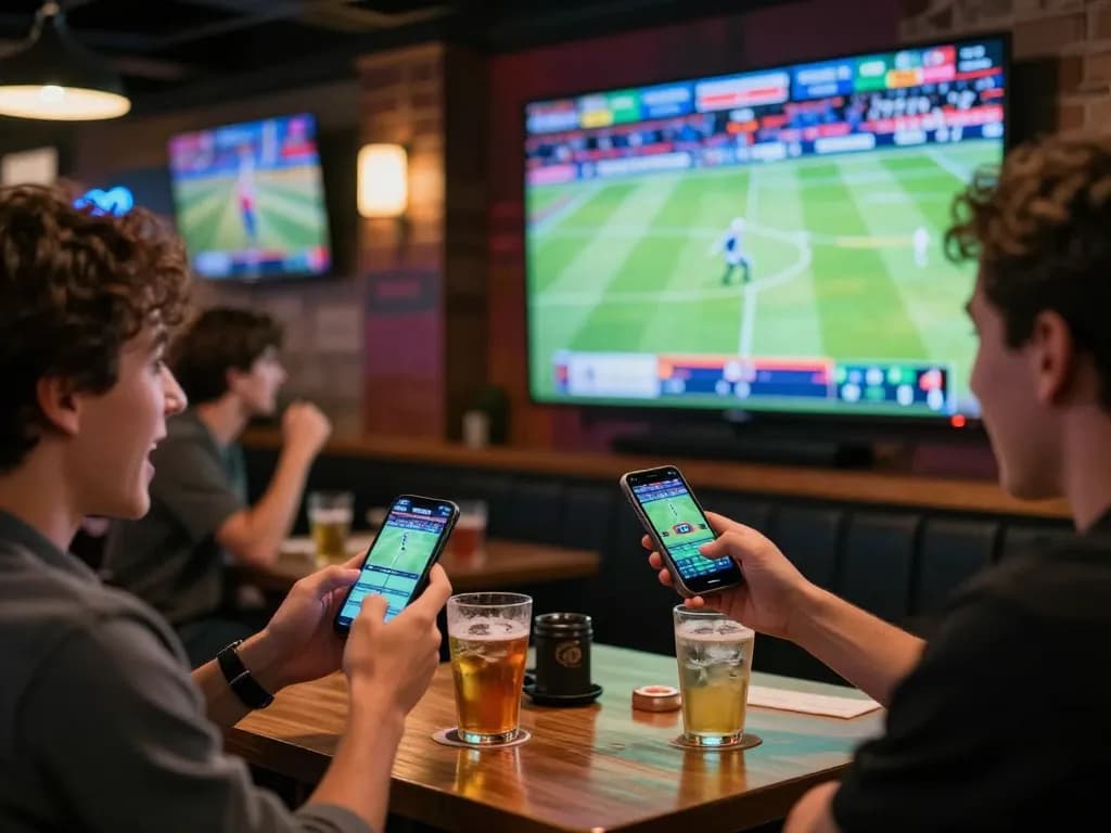 SBOBET sports betting action with a user placing bets while enjoying a game in a vibrant sports bar setting
