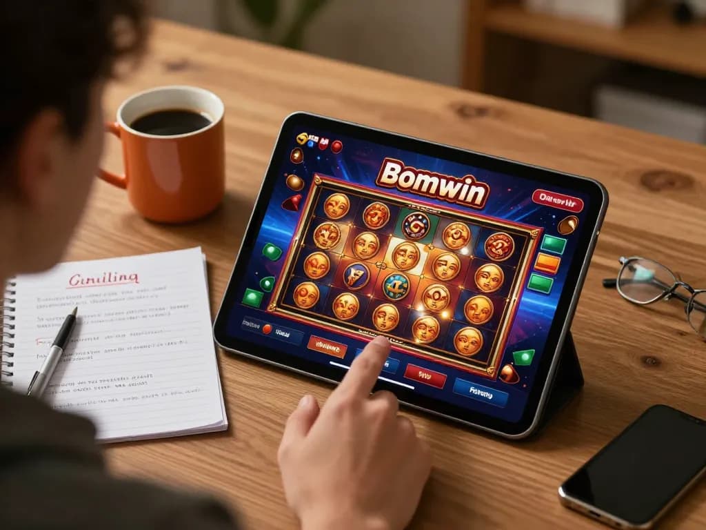 Playing Bomwin casino slots on a tablet in a cozy setting with coffee and notes.
